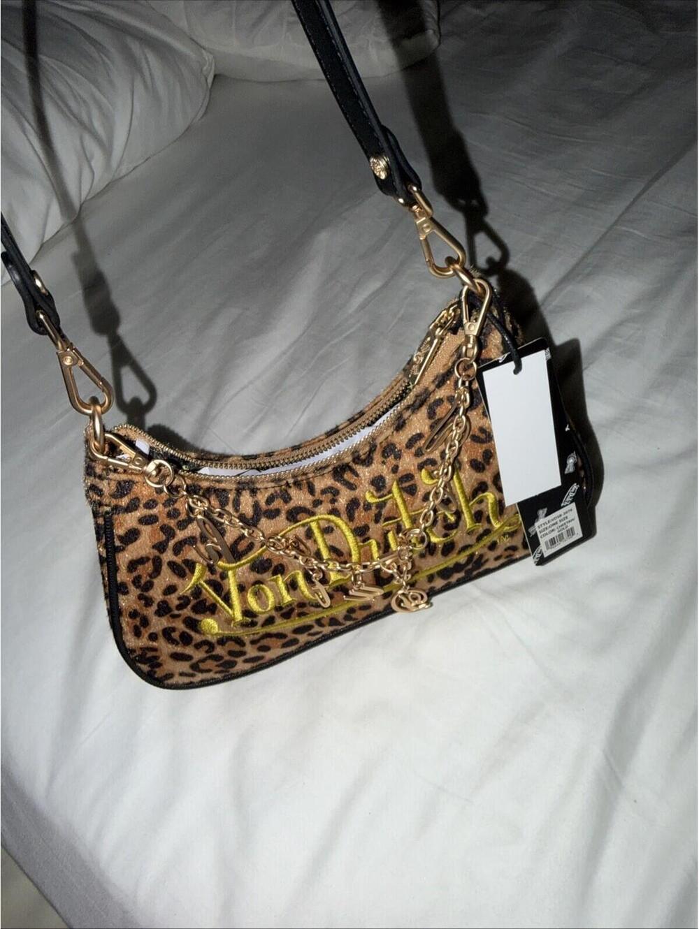 Von Dutch Crescent Shoulder Bag Leopard Print Brown/Black Gold Zip Charm